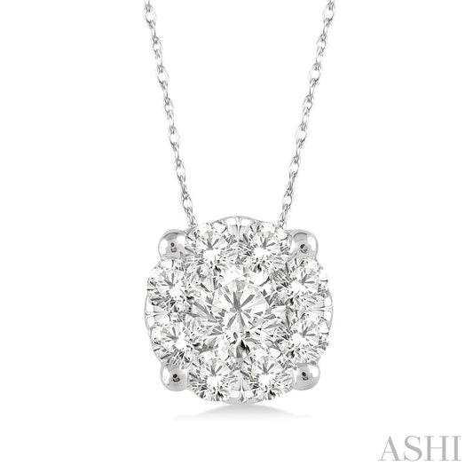 Round Diamond Cluster Pendant in White Gold. Available in 0.13 ctw to 1.0 ctw.