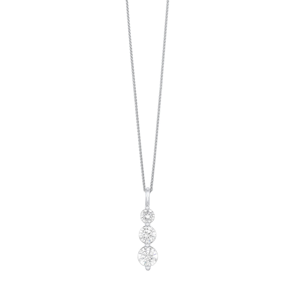 PureMARK Lab Grown 3 Stone Round Brilliant Diamond Drop Pendant in White Gold. Available in 1 ctw and 1.50 ctw.