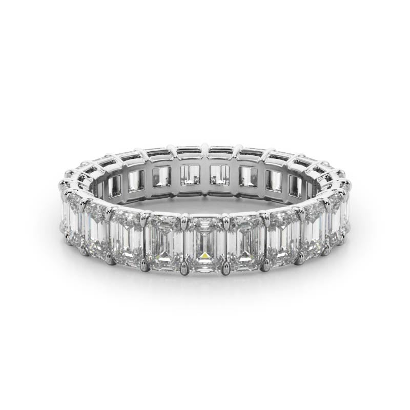 Emerald cut diamond eternity band in white gold.