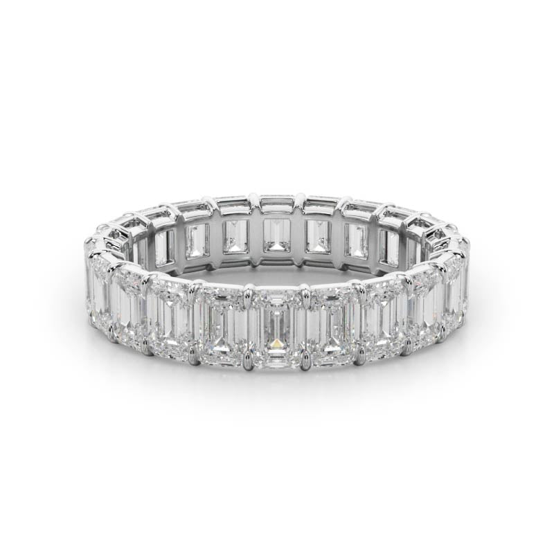 Emerald cut diamond eternity band, white gold.