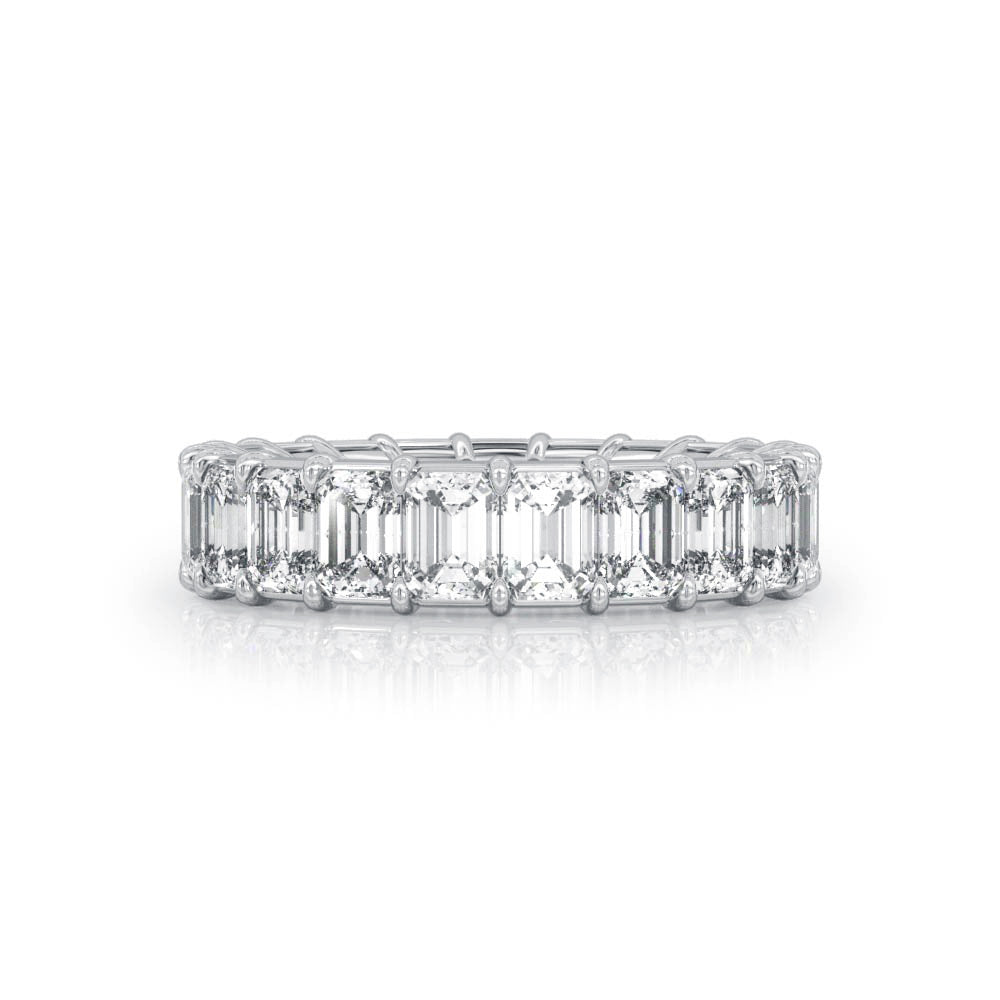 Emerald cut diamond eternity band, white gold.