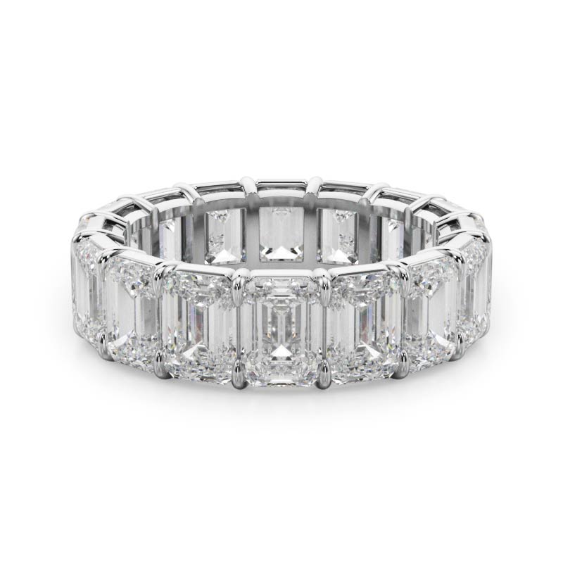 Emerald cut diamond eternity band, white gold.