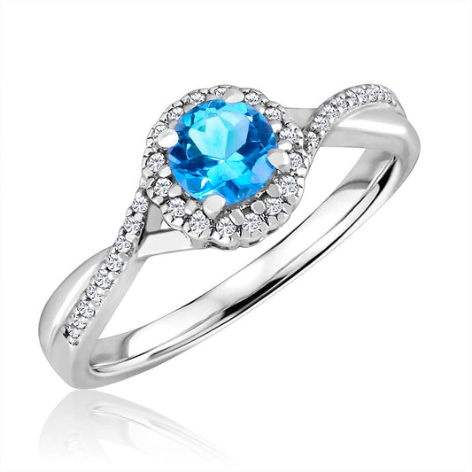 Blue topaz ring with diamond halo twist.