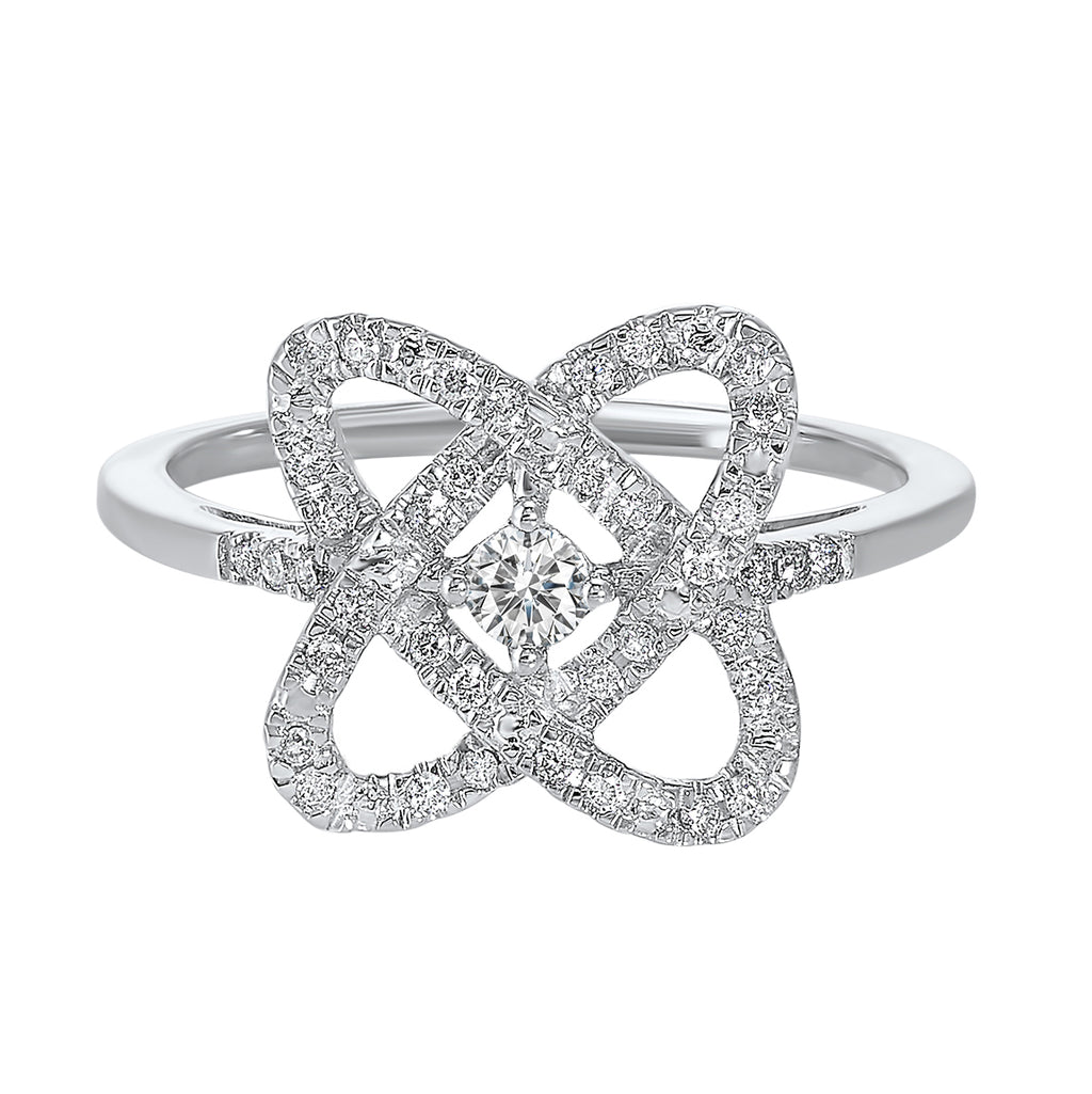 Diamond knot ring with round center stone.
