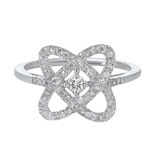 Diamond knot ring with round center stone.