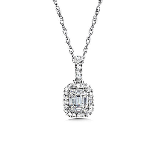 Round and Baguette Diamond Halo Pendant in White Gold. Available in 0.25 ctw and 0.48 ctw.