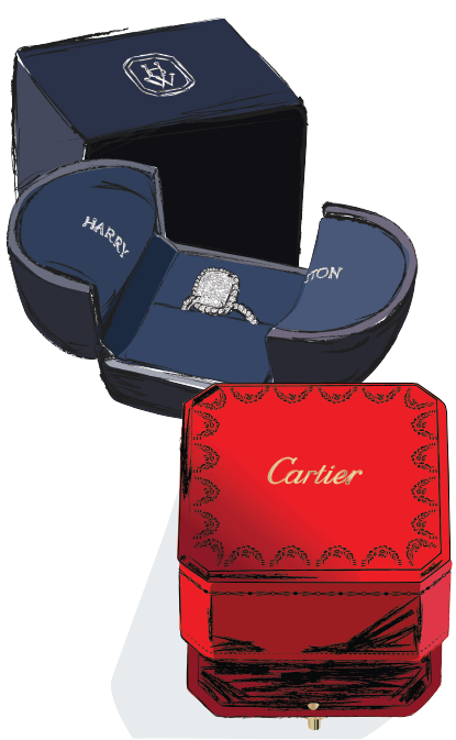 Sketch of Harry Winston and Cartier jewelry boxes