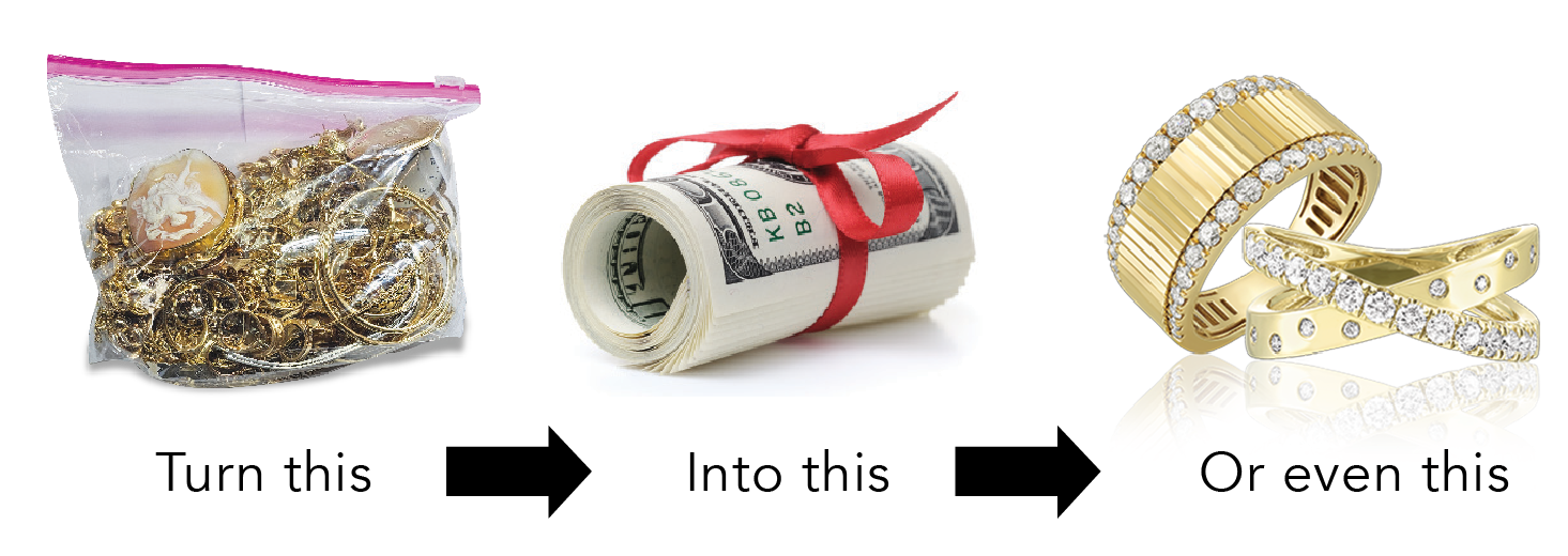 Turn this (bag of old jewelry) into this (cash) or even into this (new rings)