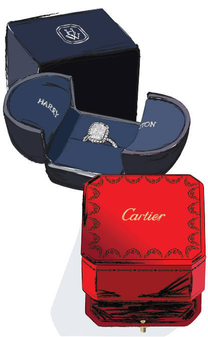 Sketch of Harry Winston and Cartier jewelry boxes
